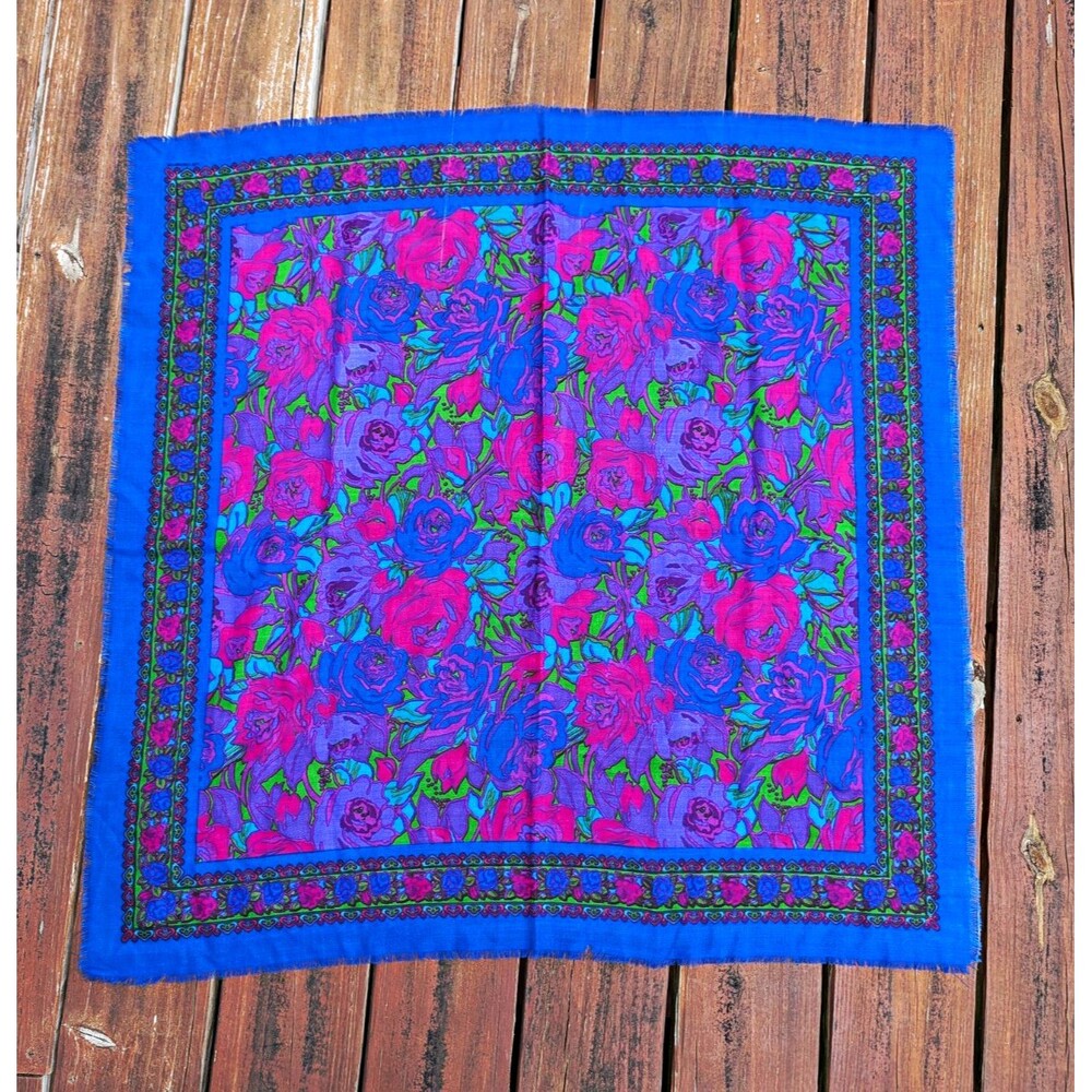 Liz Claiborne Vintage 100% Wool Woven Floral Square Scarf Japan Retro Bright EUC